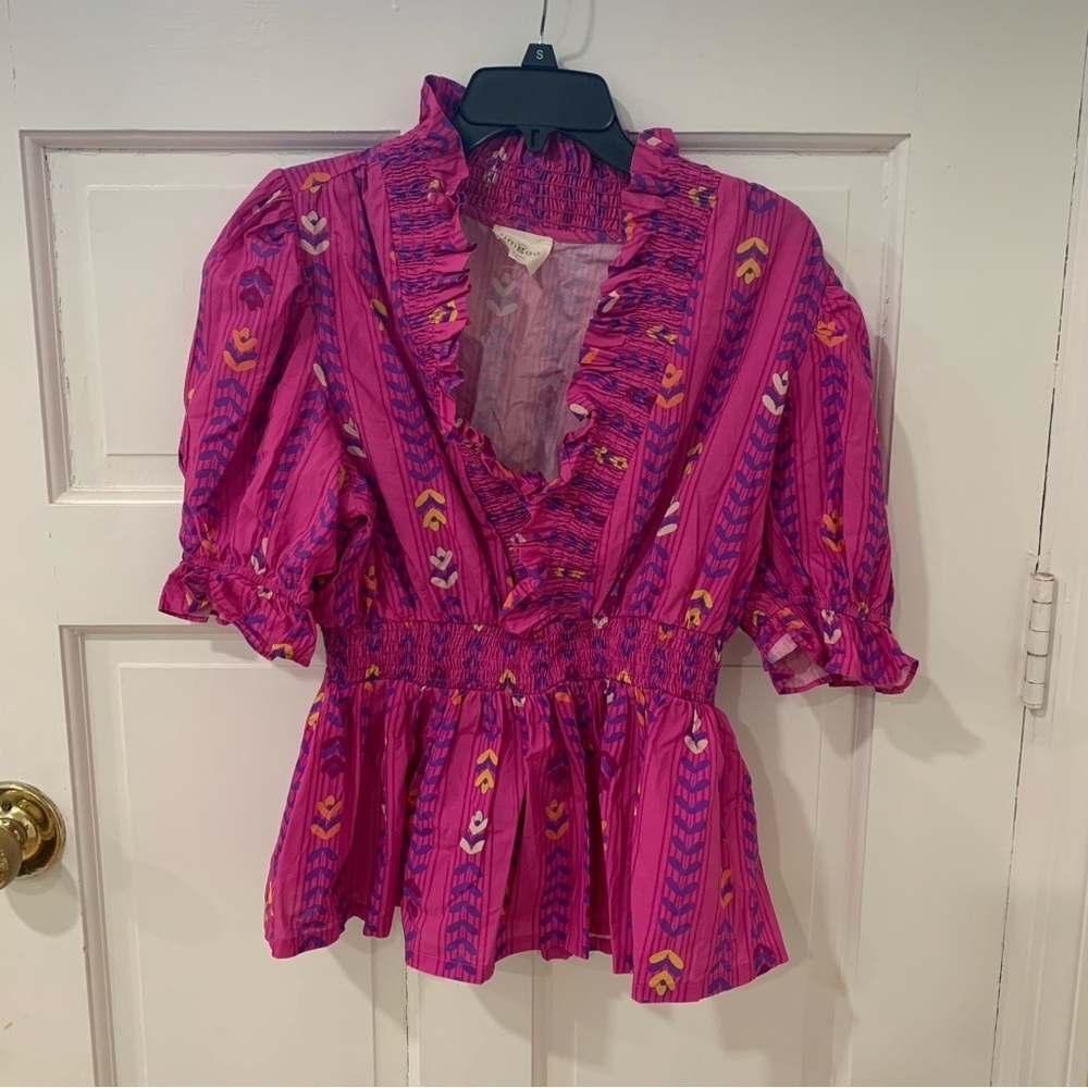 Umgee Women’s Bright Boho Bloom Ruffle Top Puff Sleeve Size Large Maximalist - Picture 3 of 10